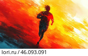 Dynamic movement of a person running in an abstract style. The silhouette of a runner is depicted against a background of explosive combinations of red, orange and yellow colors, creating a sense of fiery energy. This contrast of colors and movement symbolizes speed, determination and striving for a goal. The painting is done in an artistic style, where blurred lines and blurring help to enhance the impression of swiftness and dynamics. Стоковое AI-изображение, AI-художник Анна Кривицкая / Фотобанк Лори