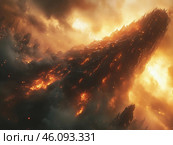 An epic scene of catastrophic proportions depicting a huge fiery mountain or colossal creature rising from the earth. The giant structure is covered in lava flows and fiery fissures from which flames burst forth. The atmosphere is apocalyptic: thick clouds of smoke, ash, scorching air and shattered peaks jutting out from the dark landscape. Sunlight filters through the smoke, creating a dramatic contrast between light and dark. The scene is reminiscent of a fantasy world or the devastating end of an era. Стоковое AI-изображение, AI-художник Анна Кривицкая / Фотобанк Лори