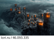 A mysterious and fantastical landscape consisting of massive black monoliths with shimmering orange patterns, similar to ancient runes or technogenic symbols. The monoliths rise on a rocky cliff, drowning in thick clouds, giving the impression that this is an ancient or alien temple complex hovering in the air. The atmosphere of the image is dark and mystical, with smoke and fog effects, which gives the scene a special mysterious character. Perhaps this is a place of worship or the ruins of a civilization that left behind technological artifacts. Стоковое AI-изображение, AI-художник Анна Кривицкая / Фотобанк Лори