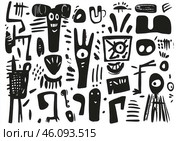 Черно-белый рисунок с изображением различных лиц и предметов. Дудл. Стоковое AI-изображение, AI-художник Ярославский Максим / Фотобанк Лори