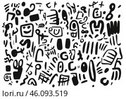 Черно-белый рисунок с изображением множества различных фигур и букв.Дудл графика. Стоковое AI-изображение, AI-художник Ярославский Максим / Фотобанк Лори