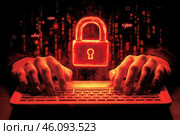 Пользователь печатает на клавиатуре, а на экране отображается красная блокировка. Стоковое AI-изображение, AI-художник Ярославский Максим / Фотобанк Лори