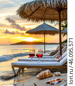 Sun loungers by the sea against the backdrop of a beautiful setting sun. Seascape. Стоковое AI-изображение, AI-художник Сергей Елизарьев / Фотобанк Лори