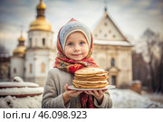 Russian traditions. Russian holiday Maslenitsa. Portrait of a girl in a Russian folk dress and a scarf with pancakes in her hands against the background of an Orthodox church. Стоковое AI-изображение, AI-художник Photojuli / Фотобанк Лори