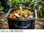 An open compost container with peels and fruit and vegetable clippings. Organic waste in a garden composter. Eco-friendly gardening, sustainability, ecology. Стоковое AI-изображение, AI-художник Photojuli / Фотобанк Лори