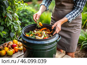 An open compost container with peels and fruit and vegetable clippings. Organic waste in a garden composter. Eco-friendly gardening, sustainability, ecology. Стоковое AI-изображение, AI-художник Photojuli / Фотобанк Лори