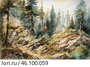 A picturesque forest landscape, painted in watercolor. Tall pines and firs rise above the rocky ground covered with dense vegetation. Light penetrates through the misty haze, creating an atmosphere of morning freshness. In the distance, silhouettes of trees are visible, hidden by a light haze. The slopes are covered with moss, bushes and small flowers, and stones and snags complement the natural chaos of nature. The painting conveys peace and solitude, awakening the desire to find yourself in this corner of wild nature. Стоковое AI-изображение, AI-художник Анна Кривицкая / Фотобанк Лори