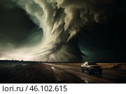Storm chaser driving away from dangerous supercell tornado with lightning. Стоковое AI-изображение, AI-художник Иван Рябоконь / Фотобанк Лори