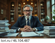 Деловая обстановка: мужчина в костюме за рабочим столом в офисе. Стоковое AI-изображение, AI-художник Валерий Лукин / Фотобанк Лори