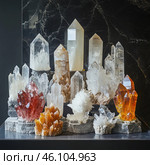 A collection of crystals of various shapes and colors, displayed on a dark background with a marble texture. Among them, you can see transparent, white, golden yellow, red and orange minerals with varying degrees of transparency. The crystals have natural sharp edges and a prismatic structure, and their base is attached to rocks. Some specimens resemble quartz, citrine, rock crystal or other varieties of crystalline minerals. The atmosphere of the image creates a feeling of sophistication, natural splendor and magical energy. Стоковое AI-изображение, AI-художник Анна Кривицкая / Фотобанк Лори