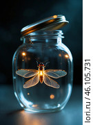 Captivating glow of a firefly trapped in a glass jar on a dark night background. Стоковое AI-изображение, AI-художник Сергей Толмачёв / Фотобанк Лори