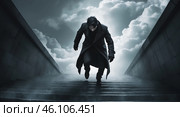 Intense figure descends dark staircase under stormy sky during a mysterious evening setting. Стоковое AI-изображение, AI-художник Сергей Толмачёв / Фотобанк Лори