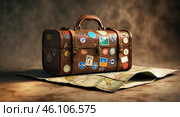Vintage suitcase adorned with travel stickers resting on a detailed map showcasing a wanderlust theme. Стоковое AI-изображение, AI-художник Сергей Толмачёв / Фотобанк Лори