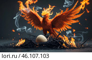 Majestic phoenix emerging from flames near an egg, symbolizing renewal and rebirth in a mystical setting. Стоковое AI-изображение, AI-художник Сергей Толмачёв / Фотобанк Лори