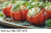 Caprese salad with ripe tomatoes, fresh mozzarella, and basil leaves drizzled with balsamic glaze on a rustic plate. Italian cuisine and gastronomic tour concept. Culinary video blog. Стоковое AI-видео, аниматор Ирина Михайличенко / Фотобанк Лори