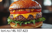 Gourmet Burger with a juicy beef patty, melted cheddar cheese, fresh lettuce, tomato, and a toasted brioche bun on a wooden board. Fast street food concept. Footage for culinary video blog. Стоковое AI-видео, аниматор Ирина Михайличенко / Фотобанк Лори