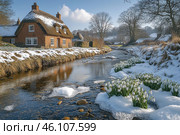 Beautiful blooms of spring snowdrops, Galanthus nivalis, by the side of the river that runs through the village with thatched cottages in the background. Стоковое AI-изображение, AI-художник Ирина Михайличенко / Фотобанк Лори