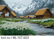 Beautiful blooms of spring snowdrops, Galanthus nivalis, by the side of the river that runs through the village with thatched cottages in the background. Стоковое AI-изображение, AI-художник Ирина Михайличенко / Фотобанк Лори
