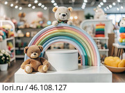 Beautiful colorful showcase of a children's store with a rainbow and a teddy bear. The concept of shopping and shopping for children's goods. Стоковое AI-изображение, AI-художник Photojuli / Фотобанк Лори