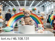 Beautiful colorful showcase of a children's store with a rainbow and a teddy bear. The concept of shopping and shopping for children's goods. Стоковое AI-изображение, AI-художник Photojuli / Фотобанк Лори