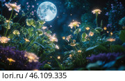 Magical night in a flower garden illuminated by moonlight and fireflies in a serene setting. Стоковое AI-изображение, AI-художник Сергей Толмачёв / Фотобанк Лори