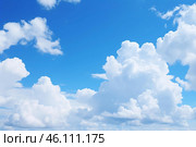 Bright blue sky with fluffy white clouds creating a peaceful atmosphere. Стоковое AI-изображение, AI-художник Иван Рябоконь / Фотобанк Лори