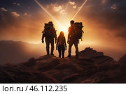 Adventurers reaching a mountain summit at sunset. Стоковое AI-изображение, AI-художник Иван Рябоконь / Фотобанк Лори