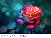 Vibrant rainbow rose blooming with dewdrops in soft focus. Стоковое AI-изображение, AI-художник Иван Рябоконь / Фотобанк Лори