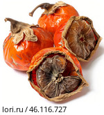 Rotten persimmon showing wrinkled skin and brown pulp on white background. Стоковое AI-изображение, AI-художник Иван Рябоконь / Фотобанк Лори