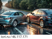 Cars get into accidents, accidents on the road. Damaged, crashed cars on the highway. The concept of car insurance. Стоковое AI-изображение, AI-художник Photojuli / Фотобанк Лори