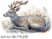 A graceful deer, executed in the style of watercolor painting with elements of fantasy and decorative art. The animal looks majestic, its fur is silvery-white, and its body is decorated with intricate patterns in the Baroque and Art Nouveau style, reminiscent of floral motifs and ornaments.The deer's antlers are curved and decorated with additional decorative elements, and the background consists of soft, muted pastel colors with images of leaves and flowers, which creates the impression of the unity of nature and magic. The whole composition is filled with harmony and sophistication, conveying a sense of mysticism and fabulousness. Стоковое AI-изображение, AI-художник Анна Кривицкая / Фотобанк Лори