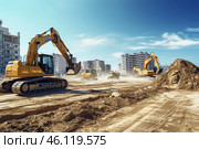 Excavators working diligently on a construction site under the bright sun in an urban area during daytime. Стоковое AI-изображение, AI-художник Sergey Grishin / Фотобанк Лори
