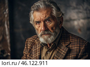 Studio portrait of a stylish, elegant elderly man, 70 years old, in a checkered jacket in brown tones. The concept of the elderly. Стоковое AI-изображение, AI-художник Photojuli / Фотобанк Лори