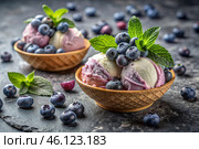 Sweet dessert. The love of ice cream. Blueberry ice cream balls and fresh blueberries. Banner, advertisement. Стоковое AI-изображение, AI-художник Photojuli / Фотобанк Лори