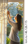 Woman enjoying spring flowers by window. Стоковое AI-видео, аниматор Юрий Поздников / Фотобанк Лори