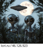 Two aliens with metallic bodies and large black eyes stand in the dense undergrowth under the light of a full moon. Their appearance is reminiscent of the classic "gray aliens" of science fiction, but with futuristic and sleek design details. A flying saucer with a disc-shaped form hovers above them, illuminated by the moonlight. The atmosphere is mysterious and slightly unsettling, and the dark tones of the night and the shine of their bodies create the effect of realistic fantasy. Стоковое AI-изображение, AI-художник Анна Кривицкая / Фотобанк Лори