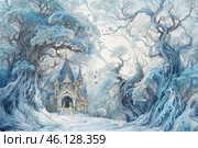 A fantastic winter scene with a majestic fairytale castle surrounded by snow-covered, intricately curved trees. The trees look as if they are covered with frost or ice, creating the feeling of an enchanted forest. The bluish gamut of the image gives it mystery and magic. Black birds fly over the forest, complementing the atmosphere of magic and enigma. Стоковое AI-изображение, AI-художник Анна Кривицкая / Фотобанк Лори