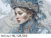 A woman wearing an elaborate headdress and clothing decorated with intricate patterns, flowers and feathers. Her gaze is calm and focused, and her face is framed by delicate jewelry. The color scheme is mostly cool, with shades of blue, white and silver predominating, which gives the image an airy and light feel. The background is decorated with detailed patterns reminiscent of traditional ornaments, which gives the image the effect of an old engraving. The painting reflects a combination of traditional aesthetics and a fantasy artistic style. Стоковое AI-изображение, AI-художник Анна Кривицкая / Фотобанк Лори