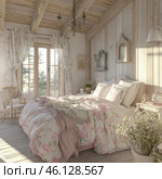 A cozy bedroom in the Provence style, filled with natural sunlight. The interior is dominated by pastel colors, floral patterns and natural materials. The bed with soft bedding is decorated with pink and white pillows, a blanket and a floral duvet. Wooden walls and ceiling beams create a warm rustic atmosphere. Large windows with light curtains open up to views of nature. The room contains antique elements such as antique mirrors, carved shelves and vintage furniture. On the bedside table there are cups of tea, candles and a bouquet of flowers, complementing the romantic and harmonious mood. Стоковое AI-изображение, AI-художник Анна Кривицкая / Фотобанк Лори