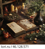 The atmosphere of an ancient alchemist's or herbalist's workshop. In the center of the composition is an open ancient book, the pages of which are strewn with dried herbs, petals and seeds. Around it are various herbs, spices, vegetables (tomatoes), a vase with plants and burning candles, creating a warm, mystical light. A wooden table and shelves with jars, bottles and dried herbs enhance the feeling of an ancient magical or apothecary place. Стоковое AI-изображение, AI-художник Анна Кривицкая / Фотобанк Лори