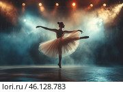 A graceful ballerina performs a stunning pirouette on stage under vibrant lights in an artistic dance showcase. Стоковое AI-изображение, AI-художник Sergey Grishin / Фотобанк Лори