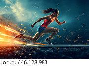 A determined female athlete sprinting on a track, showcasing speed and power amidst a dramatic, dynamic backdrop in the evening. Стоковое AI-изображение, AI-художник Sergey Grishin / Фотобанк Лори