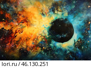 Mesmerizing depiction of a black hole in the cosmos, surrounded by vibrant colors and swirling patterns, illustrating the immense gravitational pull and energy of this astronomical phenomenon. Стоковое AI-изображение, AI-художник Ольга Ильина / Фотобанк Лори