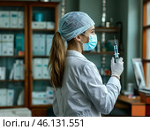 Медсестра готовит шприц к уколу. Стоковое AI-изображение, AI-художник Руслан Лесков / Фотобанк Лори