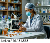 Медицинский работник за микроскопом. Стоковое AI-изображение, AI-художник Руслан Лесков / Фотобанк Лори