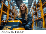 Female warehouse worker drives yellow forklift in an industrial storage facility with tall racks filled with goods. Стоковое AI-изображение, AI-художник Владимир Григорьев / Фотобанк Лори
