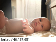 Cute Newborn Baby Lying on the Back and Plays with Colorful Toys. Little Three Month Child Takes a Toy. Playful Neonate Toddler. Concept of Childhood, New Life, Baby Care. Side view. Стоковое фото, фотограф Марина Демидюк / Фотобанк Лори