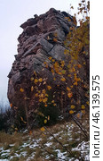 A rock with a characteristic layered structure surrounded by autumn nature. In the foreground, bushes with yellowed leaves are visible, as well as islands of snow on the ground, indicating late autumn or early winter. The rock has a rough texture, many cracks and stratifications, which makes it a unique geological formation.The landscape is typical for the Perm region, where the Ural mountain ranges are combined with forests and open landscapes. Possible location - Vetlan Rock, Chertovo Gorodishche or Stone City. Стоковое фото, фотограф Анна Кривицкая / Фотобанк Лори