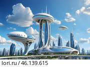 A city of the future with a beautiful sky with clouds.Large high-rise buildings. Flying ships for interplanetary travel. Стоковое AI-изображение, AI-художник Александр Поташев / Фотобанк Лори