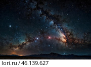 Panoramic Milky Way galaxy brimming with shimmering stars, interstellar dust, and boundless cosmic wonder in an awe-inspiring night sky scene. Стоковое AI-изображение, AI-художник Александр Поташев / Фотобанк Лори